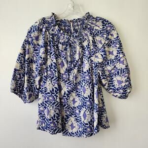 Free People Top Women's XS Blue Willow Printed Smocked Puff Sleeve Tie Babydoll